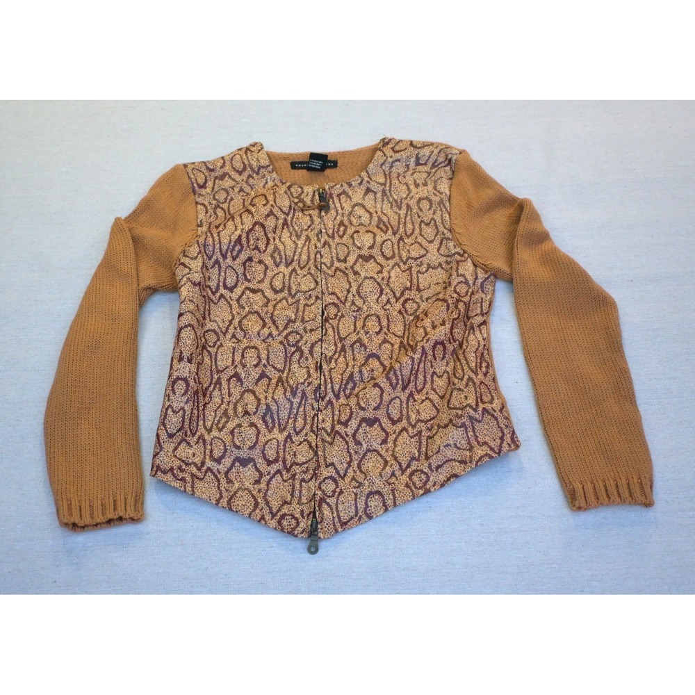 Maurice Sasson Womens S Leather Front Jacket Reptile Print Tan Cream Knit Back